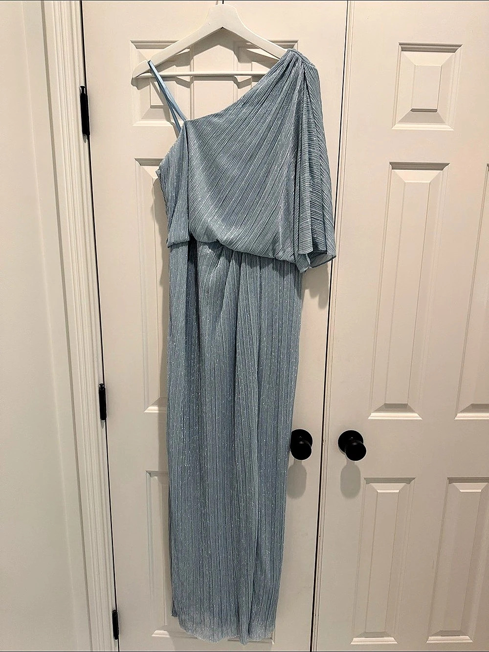 Adrianna Papell One Shoulder Metallic Pleated Gown Blue Size 14